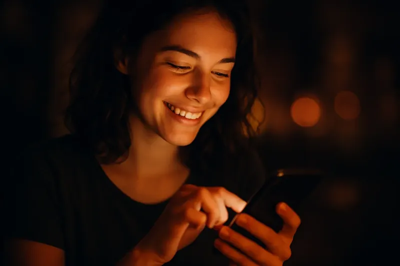 Young person smiling at smartphone with warm screen light and soft bokeh background