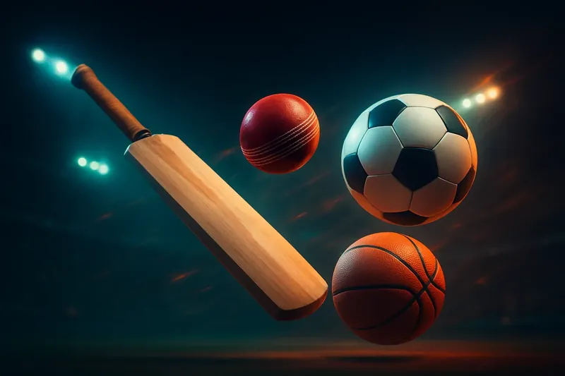 Dynamic sports collage with cricket bat, ball, football and basketball on dark neon background