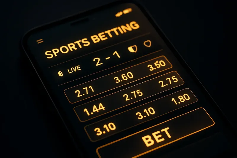 Close-up smartphone sports betting app with glowing odds and live scores