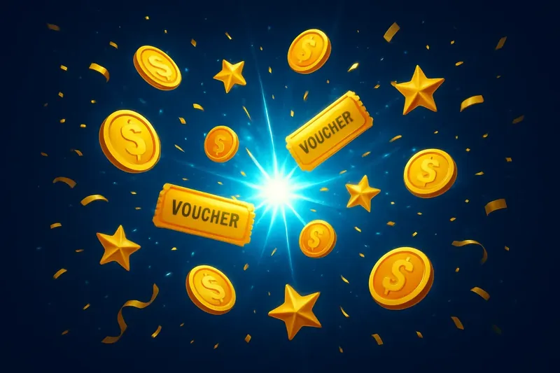 Golden coins, vouchers, and stars exploding from bright bonus flash