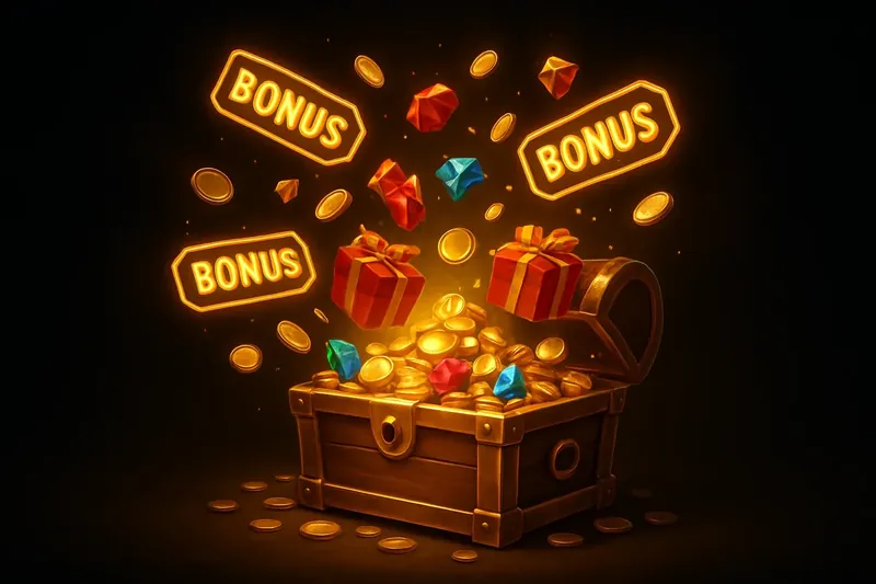 Golden treasure chest exploding with coins, gems and bonus gifts