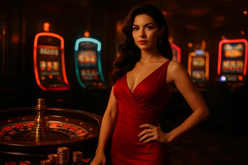 Luxury Casino Banner Bangladesh casino banner with elegant woman in red dress near roulette and slot machines