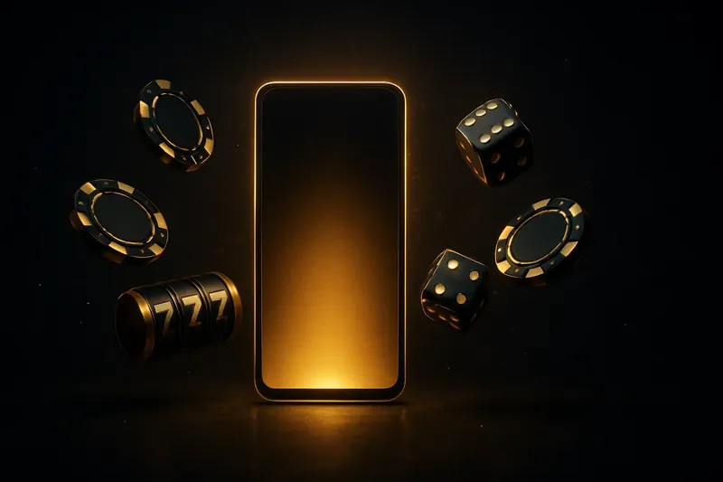 Mobile Casino Banner Panoramic banner with glowing smartphone, casino chips, slot reels and dice