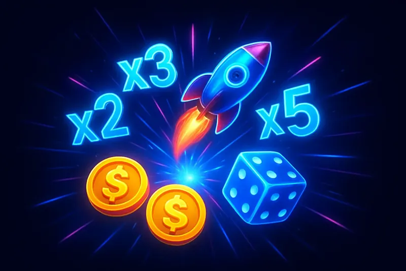 Colorful instant game icons with rockets, dice, coins and multipliers on neon burst background