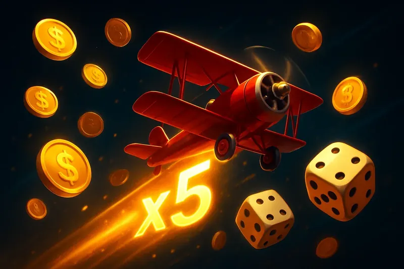 Dynamic Aviator-style crash game with red airplane, glowing multiplier trail, coins and dice