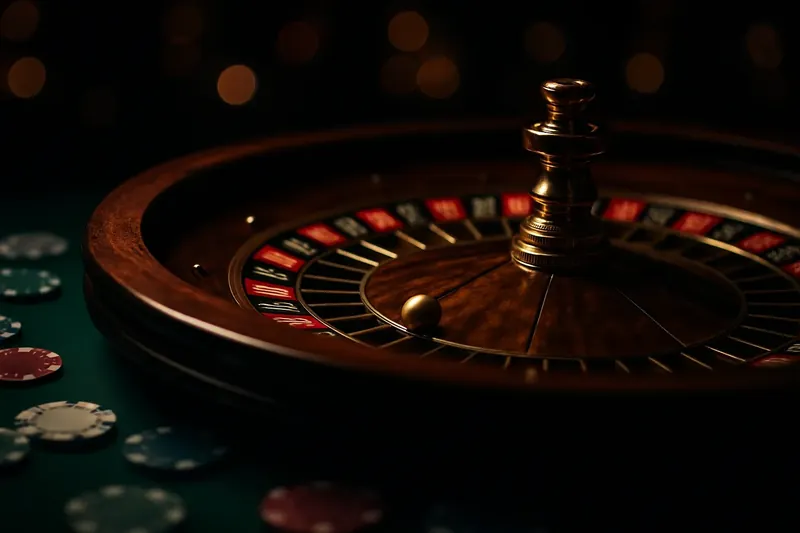 Close-up roulette wheel spinning with golden ball, green felt and chips
