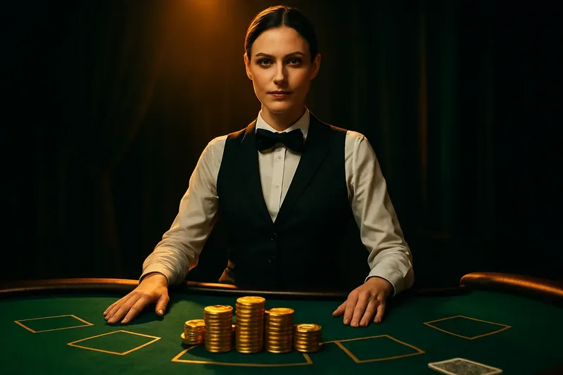 Elegant live casino table with female dealer, green felt and golden chips