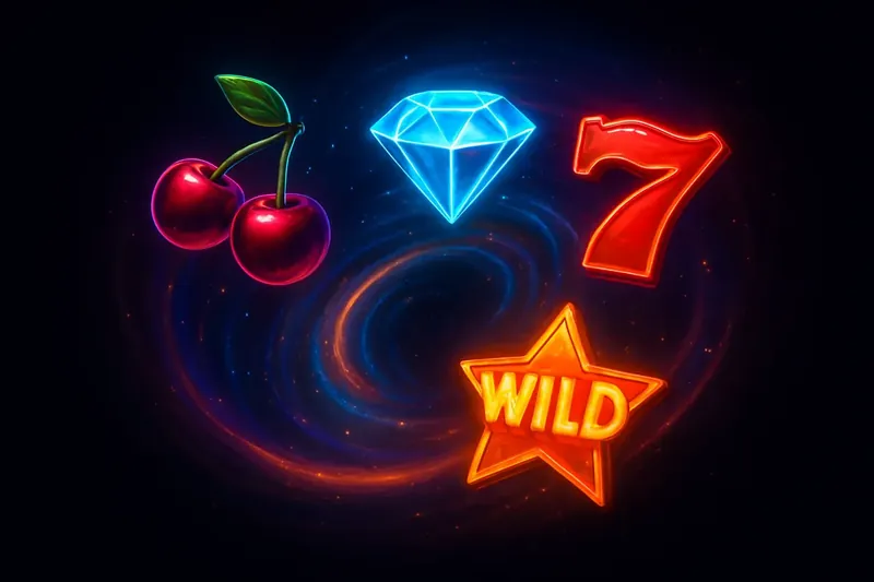 Colorful Slot Symbols Colorful slot symbols with neon glow swirling on dark background